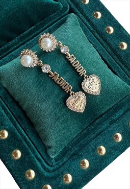 Dior earrings jadior gold tone diamante faux pearl heart