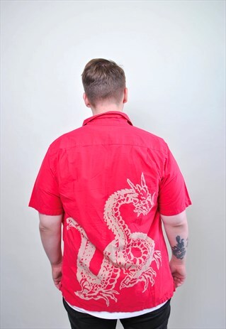 CHINESE DRAGON SHIRT, RED ACID ASIAN BUTTON DOWN