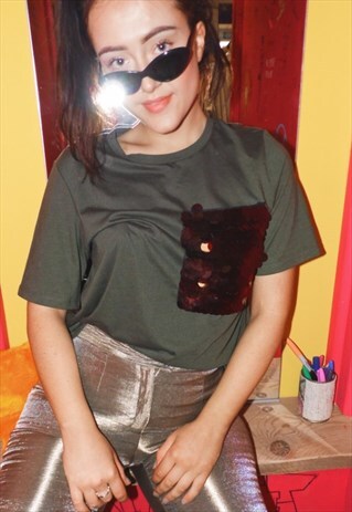 SEQUIN T SHIRT SEQUIN POCKET KHAKI GREEN RED SEQUIN RAVE