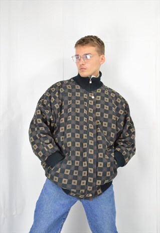 VINTAGE TWO COLOR CLASSIC CHECKERED 80'S BOMBER JACKET