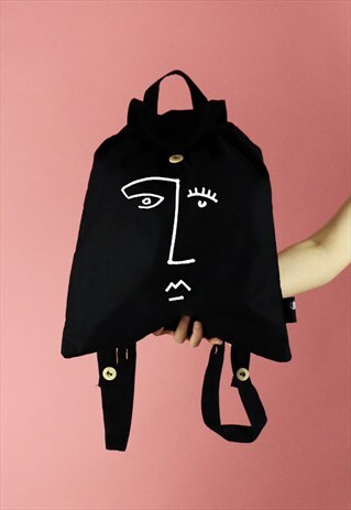 FACE LINE DRAWING PRINT COTTON BACKPACK - WHITE ON BLACK