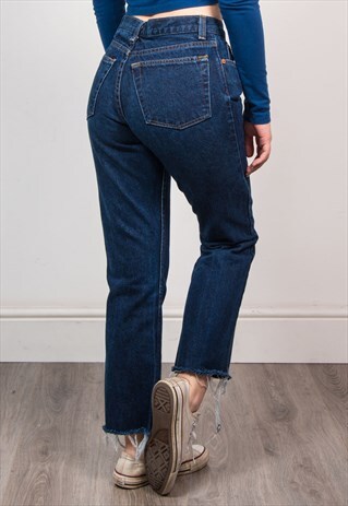 VINTAGE 90'S DARK BLUE DENIM RAW HEM MOM JEANS