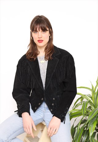VINTAGE 80S BLACK TASSEL FRINGE SUEDE LEATHER JACKET