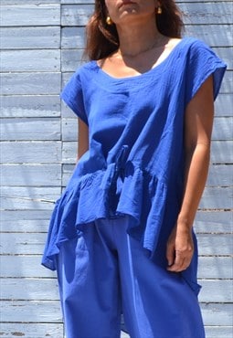 Blue organic cotton asymmetrical ruffled long tunic top