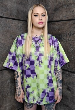 Tie-dye check tee handmade Vans chess t-shirt in acid green