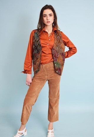90'S HIPPIE GENUINE SUEDE PATCHWORK EMBROIDERY GILET TOP