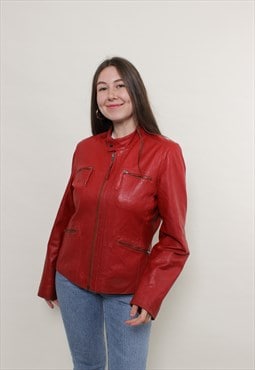 y2k red leather jacket, 2000s vintage crop biker jacket