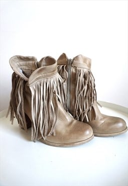 Vintage Brown Leather Cowboy Western Boots Shoes Fringe