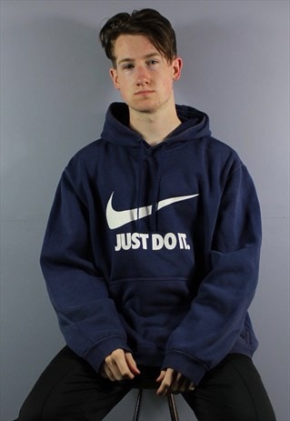 VINTAGE NIKE JUST DO IT HOODIE IN NAVY WITH PRINTED LOGO AND