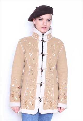 VINTAGE 90S BROWN FAUX SUEDE FLORAL EMBROIDERED COAT