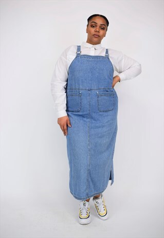 VINTAGE 90'S LONG DENIM PINAFORE DRESS WITH POCKETS
