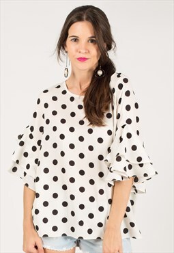 Frilled Sleeve Top in White and Black Polka Dot