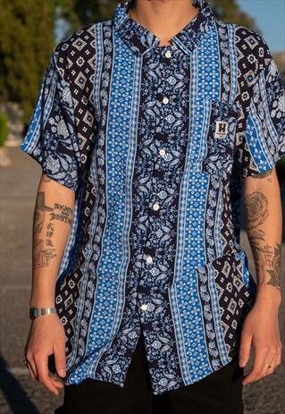 HANDMADE SHORT SLEEVED SHIRT IN BLUE CASHMERE PRINT