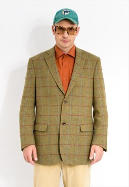 Vintage plaid wool blazer in khaki green preppy jacket