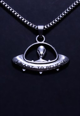 Silver Alien Spaceship Chain Necklace