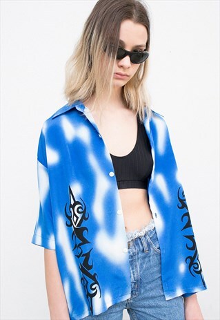 VINTAGE BLUE TRIBAL TATTOO PRINT SHIRT TIE DYE ACCENT TOP