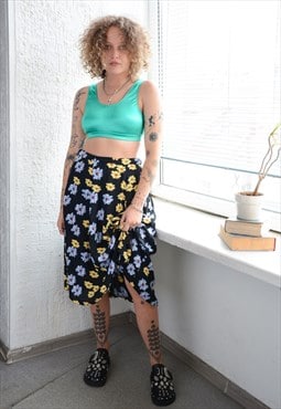Vintage 80's Black Flower Print Midi Skirt