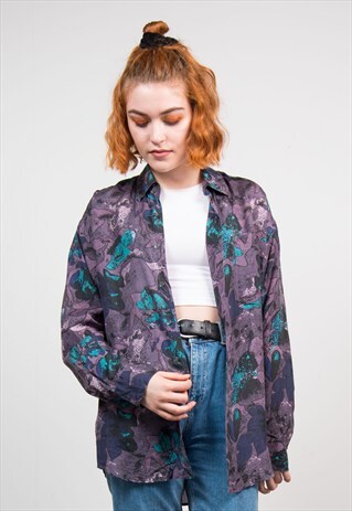VINTAGE 90'S PURPLE PATTERNED LONG SLEEVE SILK SHIRT