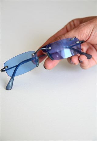 VINTAGE METALLIC BLUE RIMLESS FRAME, BLUE LENSES