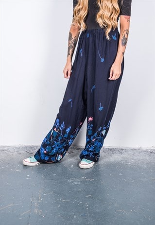 VINTAGE HIGH-WAISTED NAVY BLUE FLORAL PATTERNED TROUSERS