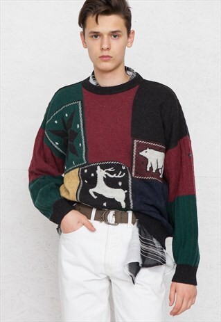 VINTAGE RED GREEN HUGO BOSS KNIT JUMPER SWEATER