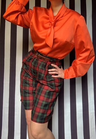 VINTAGE 70S ORANGE SATIN PUSSY BOW BLOUSE LONG SLEEVES, UK14