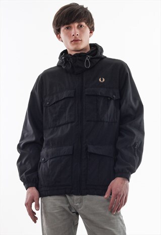 VINTAGE FRED PERRY FLEECE LINED COAT 90S BLACK
