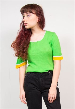 VINTAGE 70'S LIME GREEN RIBBED SHORT SLEEVE KNIT TOP