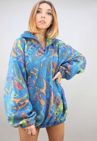 VINTAGE 90S OVERSIZED PATTERNED FESTIVAL 1/4 ZIP FLEECE