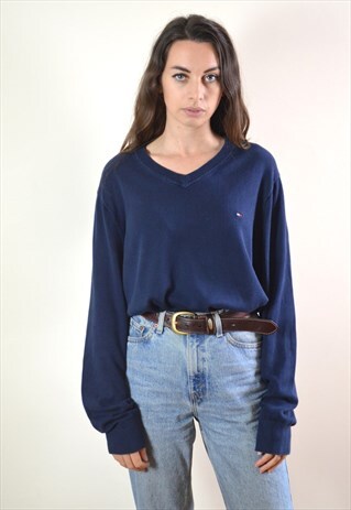 90S VINTAGE TOMMY HILFIGER NAVY BLUE COTTON KNIT JUMPER
