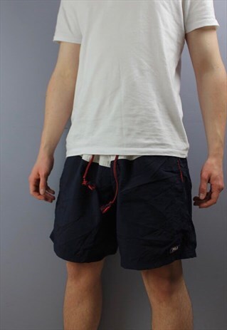 VINTAGE FILA SHORTS IN NAVY WITH RUBBER PATCH LOGO, POCKETS,