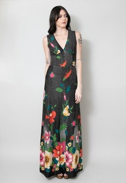 Vintage Ladies Dress Sleeveless Floral Black 70's Maxi