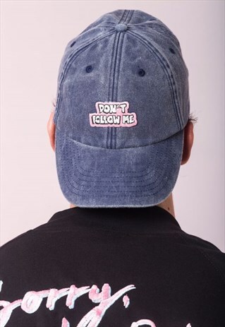 WASHED BLUE DENIM DAD CAP PINK EMBROIDERED PATCH