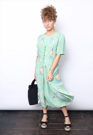 VINTAGE 90S GREEN FLORAL PRINT BUTTON MIDI DRESS