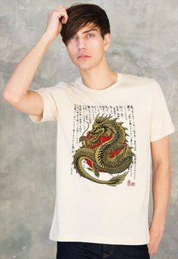 Japanese Dragon T Shirt Japan Calligraphy Mens Ivory Tee