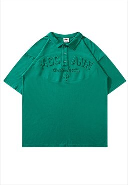 Green Washed Slogan Polo Neck Top Shirt Y2k