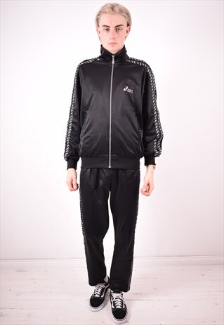 ASICS MENS VINTAGE FULL TRACKSUIT MEDIUM BLACK 90S
