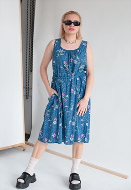 Vintage Sleeveless Square Neck Floral Midi Dress in Blue L
