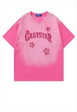 Star patch t-shirt gradient tee tie-dye top in pastel pink