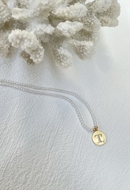 Gold Letter Faux Pearl Initial  T Charm Pendant  Necklace