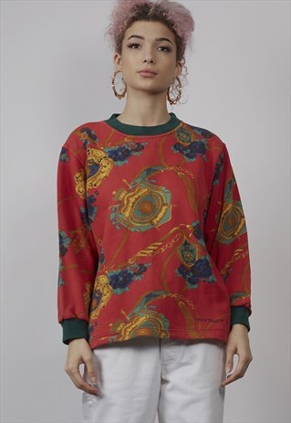 VINTAGE 80'S LAURA BIAGIOTTI RED SCARF PRINT SWEATSHIRT