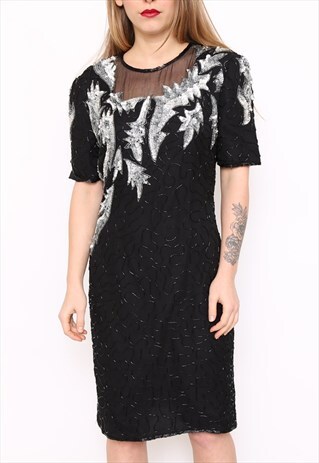VINTAGE 80S SILK SEQUIN BEAD EMBELLISHED PARTY DRESS