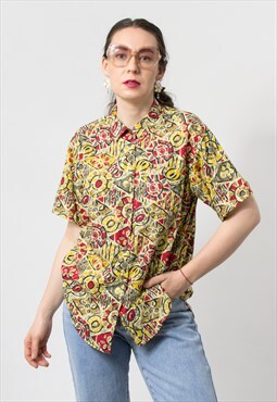 Vintage short sleeve shirt multi color geometric women