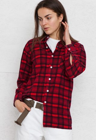 VINTAGE RED BLACK CHECKERED FLANNEL LONG SLEEVE SHIRT