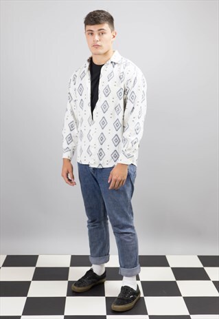 VINTAGE WHITE AND GREY AZTEC PATTERN SHIRT