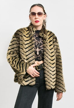 Vintage faux fur jacket tiger pattern women size L