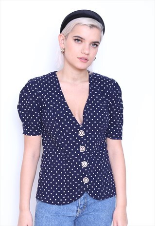 VINTAGE 80S NAVY POLKADOT BLOUSE TOP