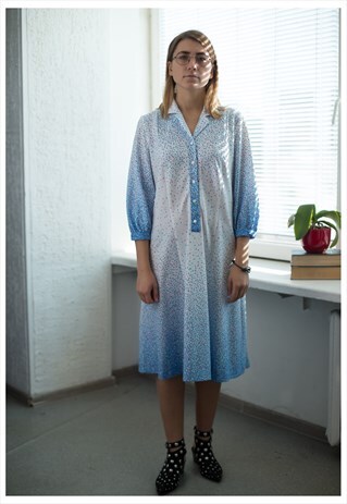 VINTAGE 80'S WHITE/BLUE PATTERNED MIDI DRESS