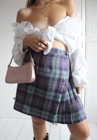 VINTAGE 70S BLUE & PURPLE WOOL PLEATED TARTAN PLAID SKIRT
