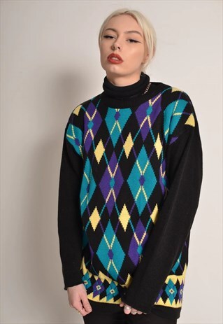 VINTAGE 80S KNITTED JUMPER IN BLACK AND GREEN